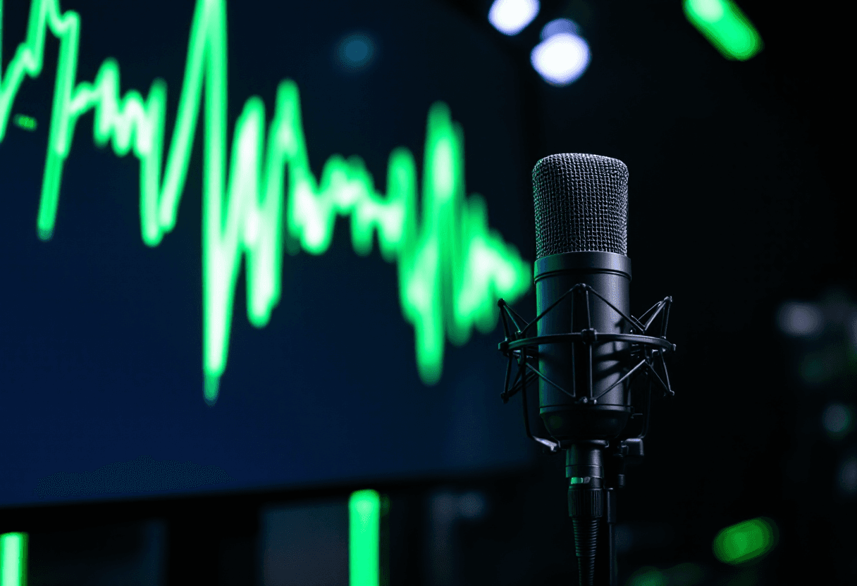 Microphone at trade show booth with green audio waveform visualization