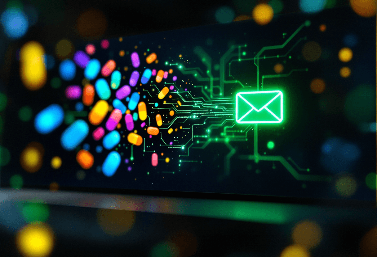 Colorful conversation topic tags flowing through data connections