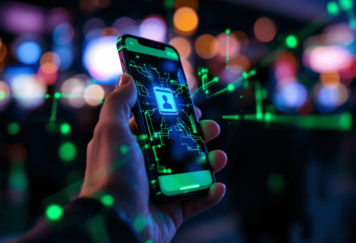 Phone scanning a conference badge with instant insights overlay