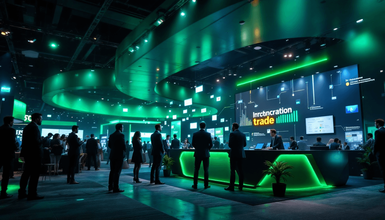 Dramatic trade show exhibition hall with green ambient lighting
