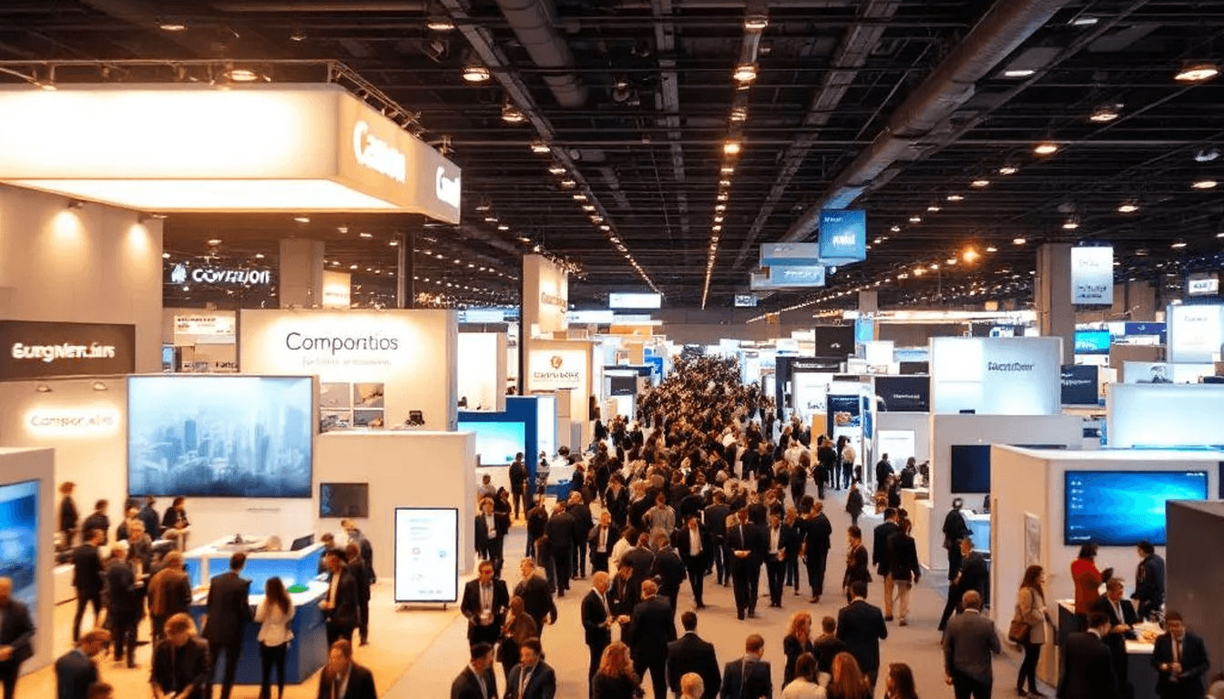 Trade show exhibition hall with green ambient lighting