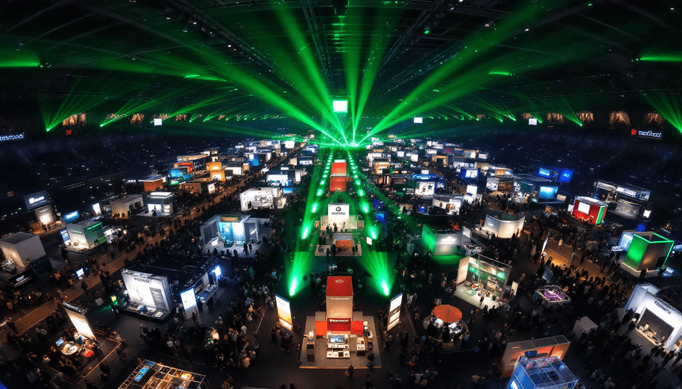 Aerial view of a busy trade show floor with booths and attendees