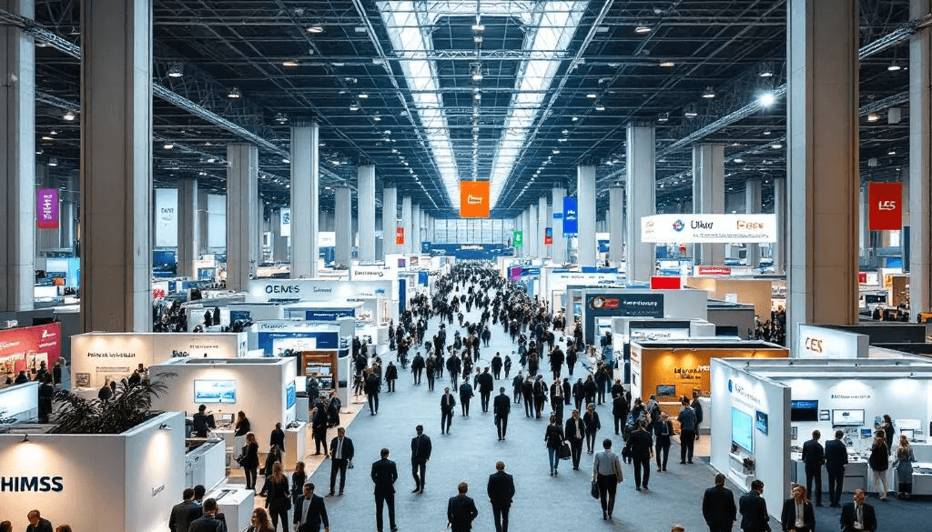 Aerial view of a bustling trade show exhibition floor