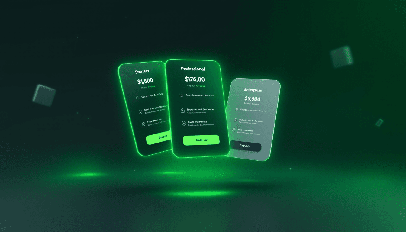 3D pricing cards with green ambient glow