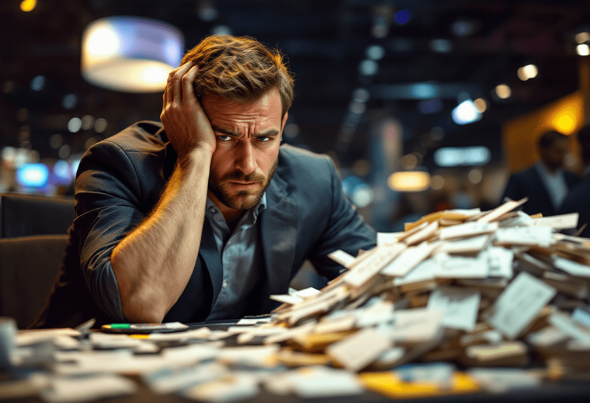 Frustrated sales representative surrounded by scattered trade show badges and lost leads