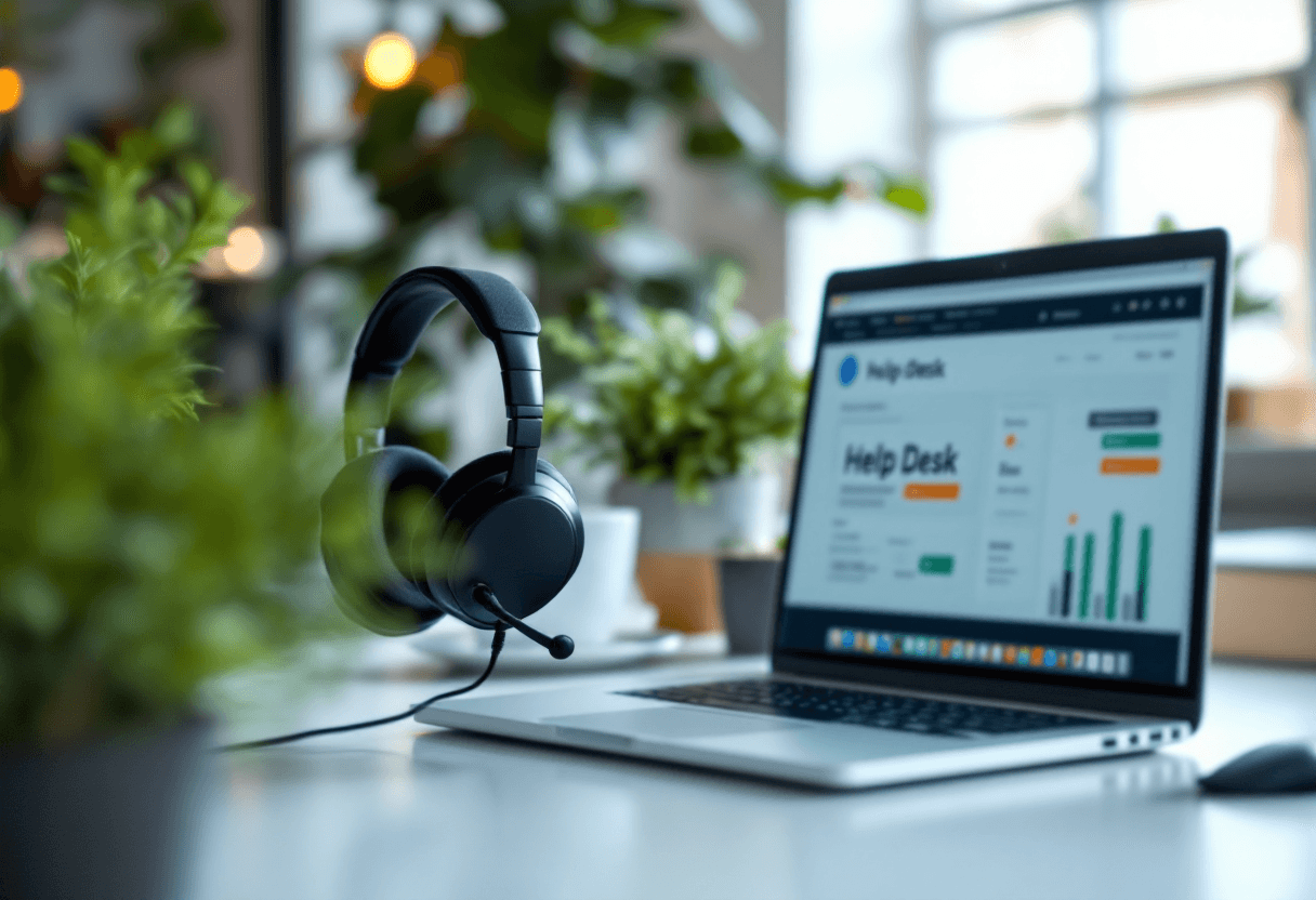 Headset and laptop in a clean support workspace