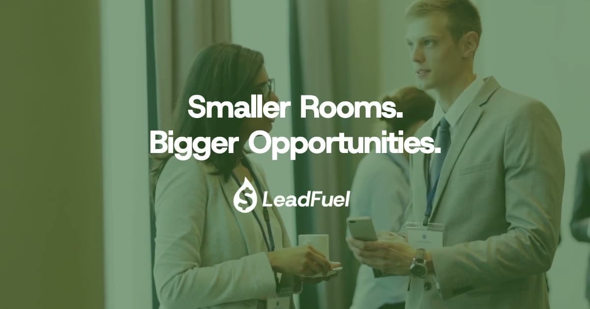 A crowd of translucent figures on a dark grid gives way to two people talking at an event, beneath the line “Smaller Rooms. Bigger Opportunities.”