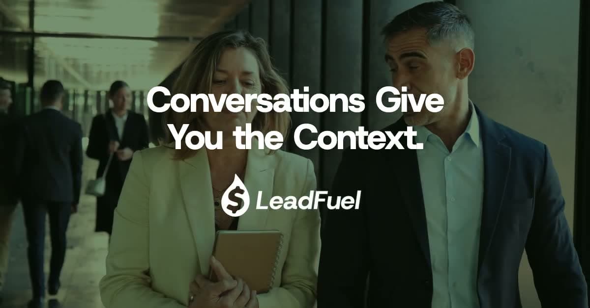 A dark screen reading “Badge Scans Give You a Number.” gives way to two colleagues talking as they walk, beneath the line “Conversations Give You the Context.”